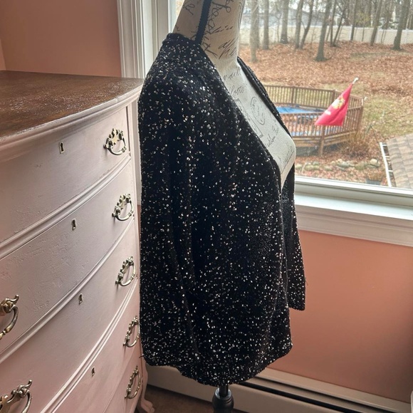 Express Black Silver Sequin Open Front Sweater Cardigan Jacket Holiday Party - Picture 3 of 7